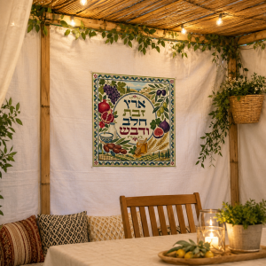 שמשונית שבעת המינים לסוכה עם הכיתוב ארץ זבת חלב ודבש