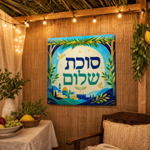 שמשונית לסוכה בעיצוב סוכת שלום תלויה בסוכה, הדמיה בגודל 40x40 ס״מ