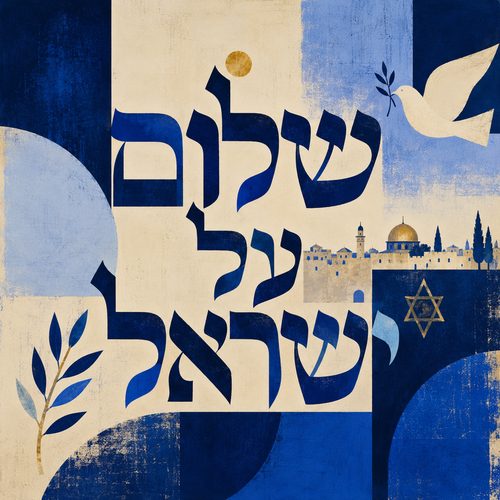 שמשונית לסוכה בעיצוב שלום על ישראל בגווני כחול ולבן עם יונה, ענף זית ונוף ירושלים