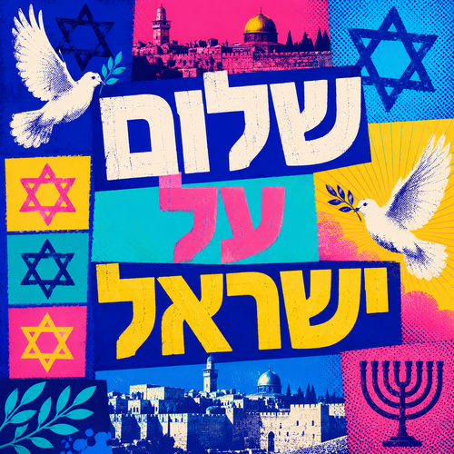 שמשונית לסוכה עם הכיתוב שלום על ישראל בעיצוב צבעוני מודרני עם יונים, מגני דוד, מנורה ונוף ירושלים