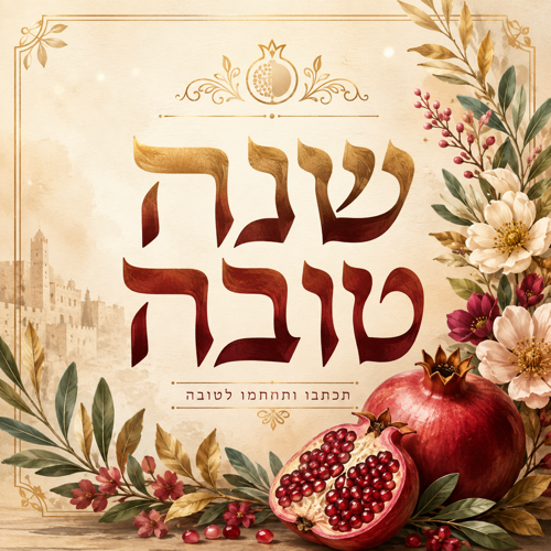 שמשונית שנה טובה בעיצוב חגיגי עם רימונים, פרחים, עלים ונגיעות זהב