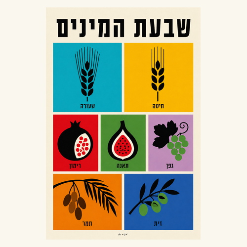 שמשונית שבעת המינים לסוכה בעיצוב מודרני וצבעוני עם חיטה שעורה גפן תאנה רימון זית ותמר