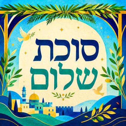 שמשונית לסוכה סוכת שלום בעיצוב ירושלמי בגווני כחול וזהב
