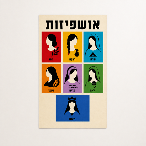 שמשונית אושפיזות לסוכה בעיצוב מודרני וצבעוני עם שרה רבקה רחל לאה מרים נעמי ואסתר