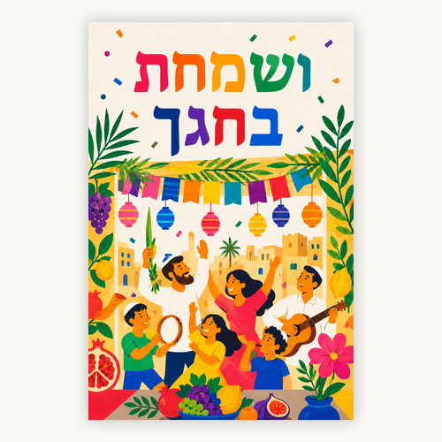 שמשונית לסוכה ושמחת בחגך בעיצוב מודרני וצבעוני עם משפחה חוגגת וארבעת המינים