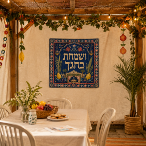 שמשונית לסוכה ושמחת בחגך בעיצוב מרוקאי־ספרדי עם רימונים ואתרוגים
