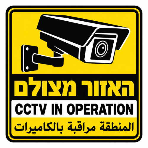 שלט האזור מצולם עברית אנגלית ערבית CCTV 30x30 ס"מ