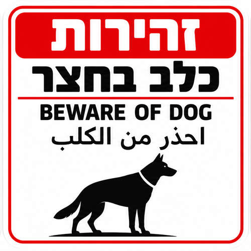 שלט זהירות כלב בחצר עברית אנגלית ערבית 30x30 ס"מ