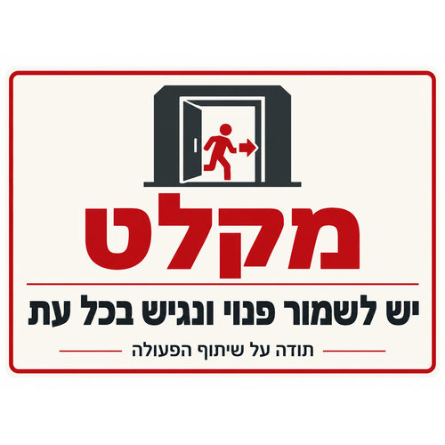 שלט מקלט יש לשמור פנוי ונגיש בכל עת 30x40 ס"מ