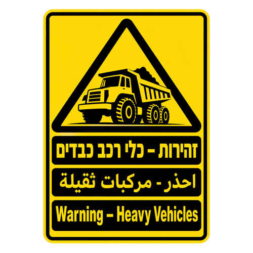 שלט זהירות כלי רכב כבדים בעברית ערבית ואנגלית