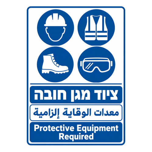 שלט ציוד מגן חובה בעברית ערבית ואנגלית